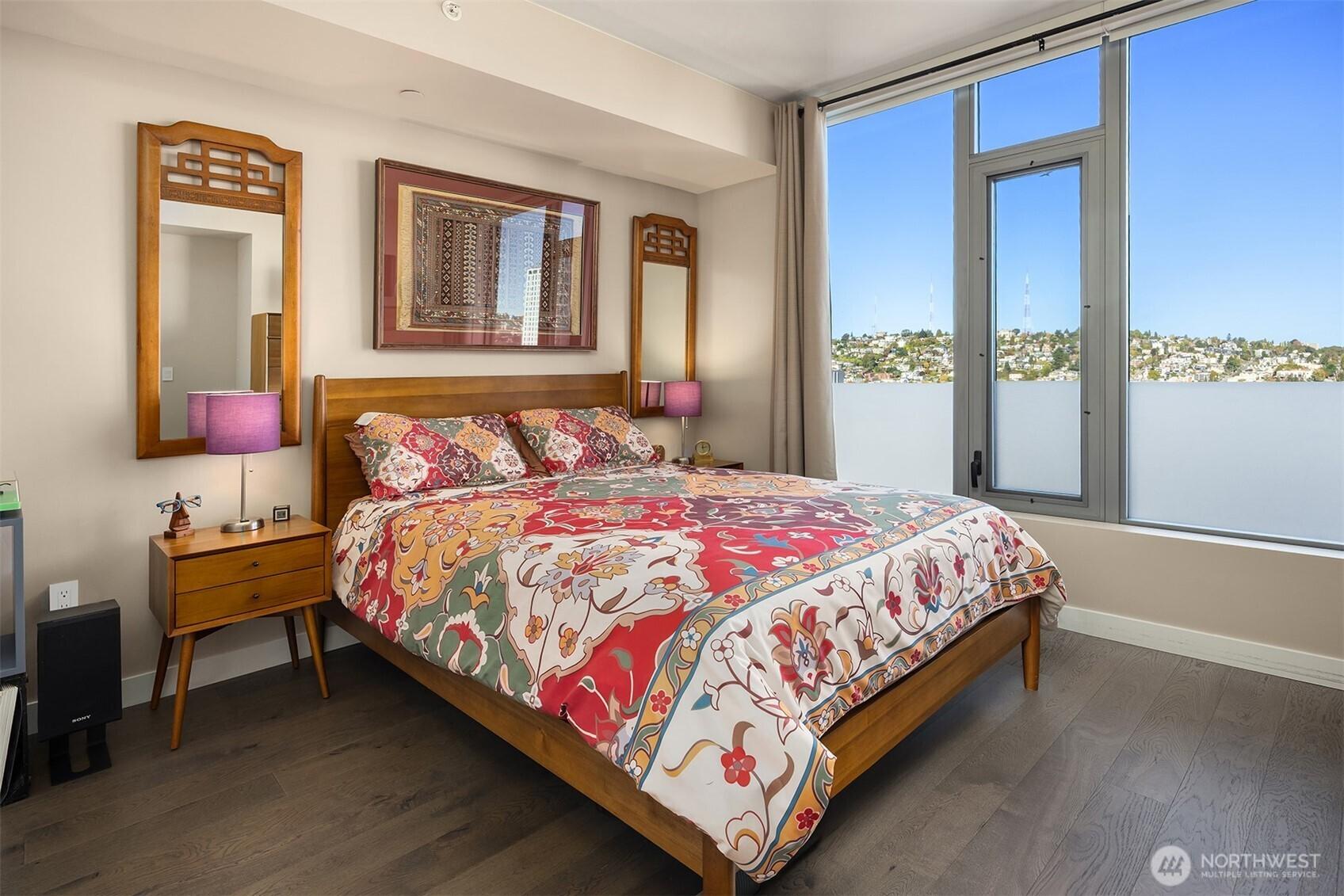 Bedroom has large walk-in closet and room will fit a king sized bed.